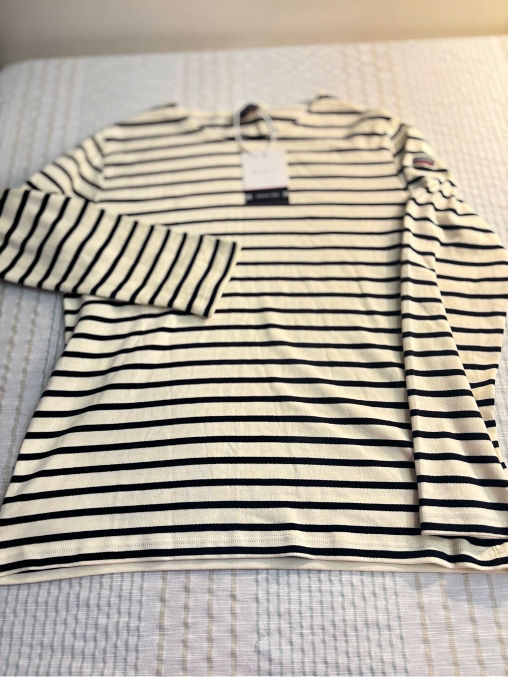 Armor Lux Cream and Navy Long Sleeve Striped Tee